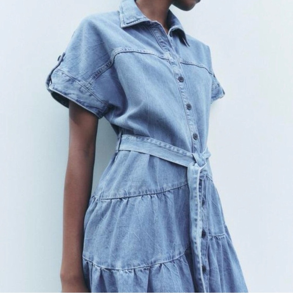 Zara Blue Denim Tiered Dress Sz Med